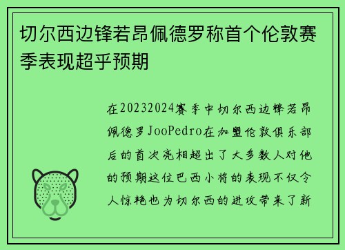 切尔西边锋若昂佩德罗称首个伦敦赛季表现超乎预期 切尔西边锋若昂佩德罗称首个伦敦赛季表现超乎预期
